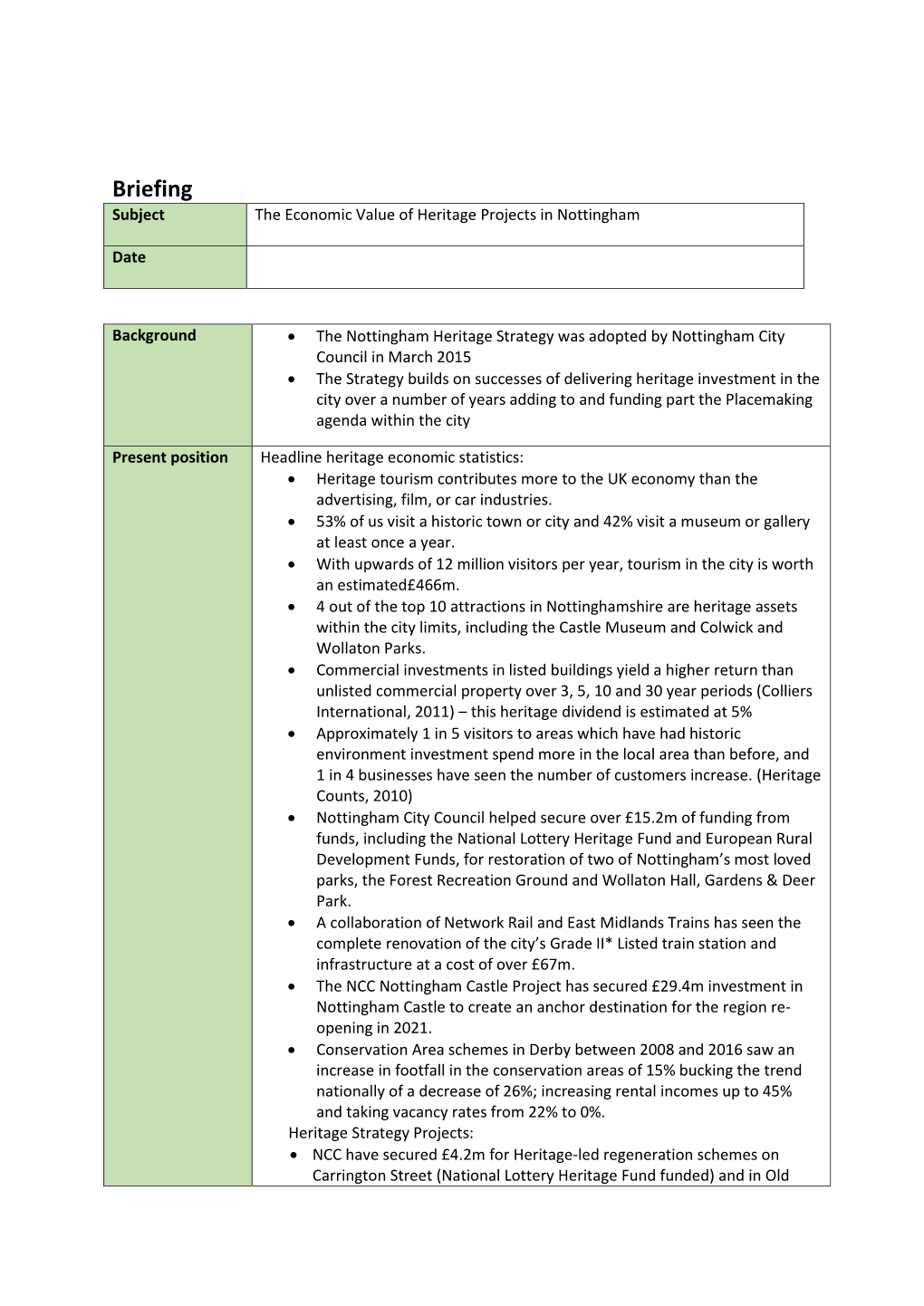 Briefing Subject the Economic Value of Heritage Projects in Nottingham