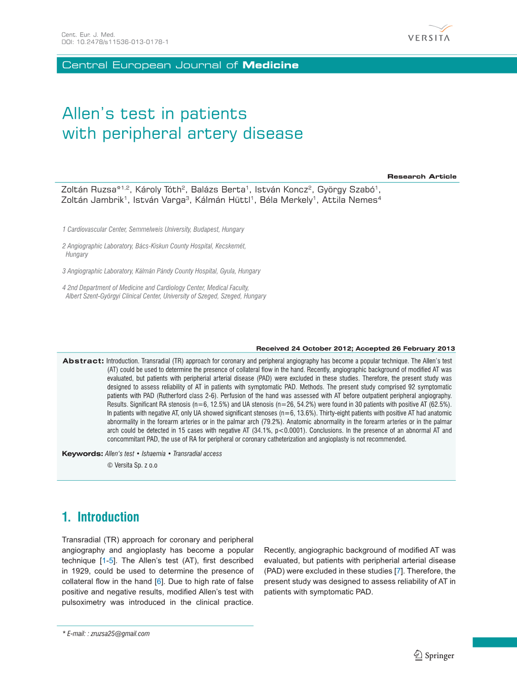 Allen's Test in Patients with Peripheral Artery Disease