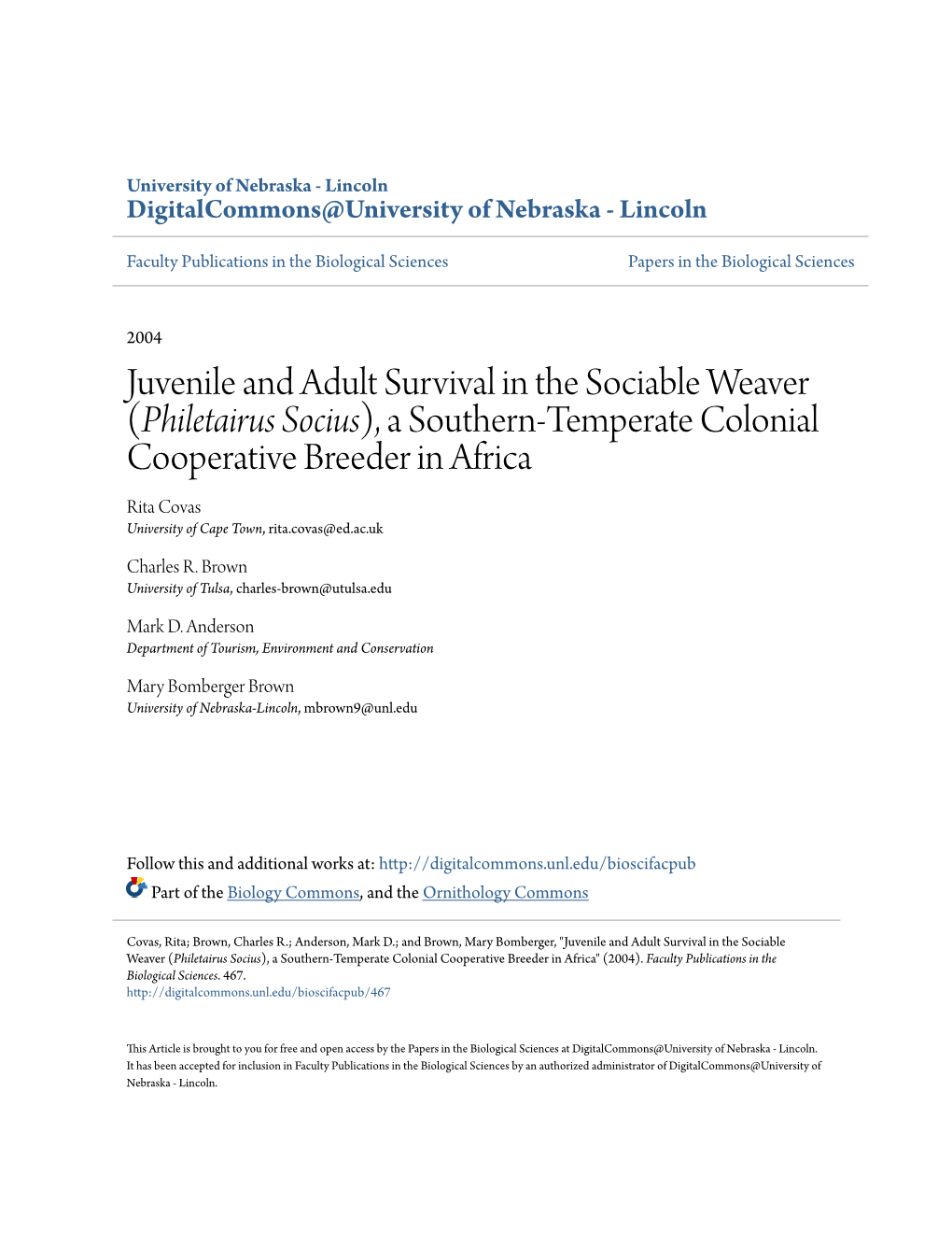 Juvenile and Adult Survival in the Sociable Weaver (Philetairus Socius)