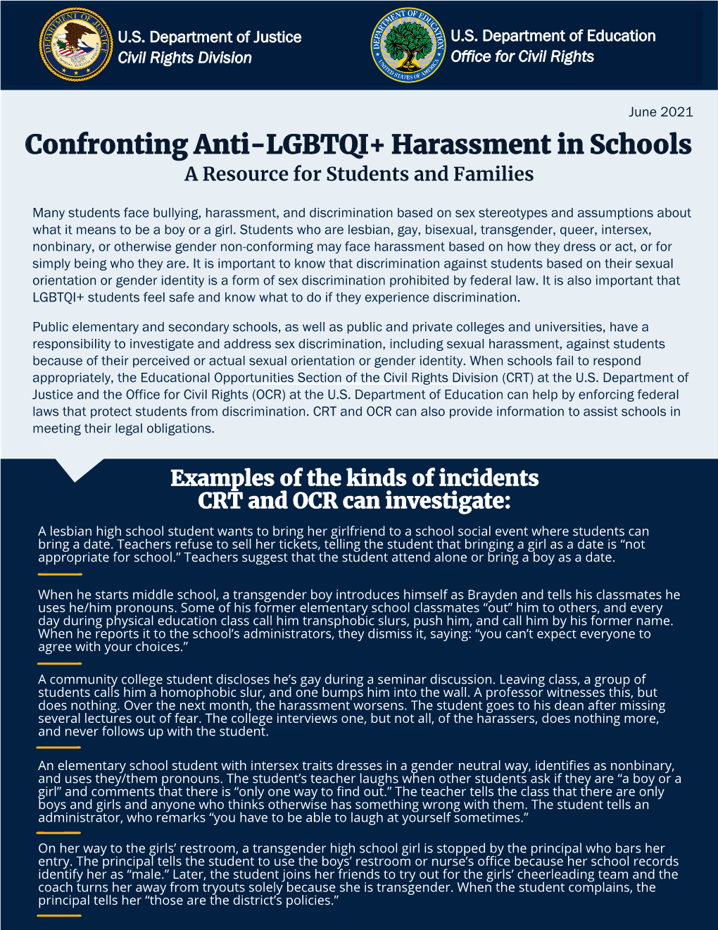 Confronting Anti-LGBTQI+ Harassment in Schools a Resource for Students and Families