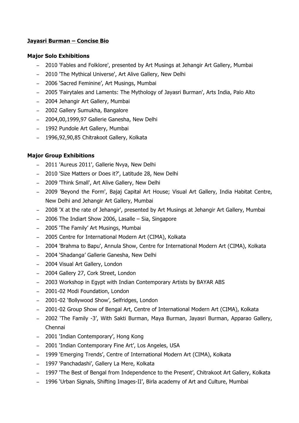 Jayasri Burman – Concise Bio Major Solo Exhibitions − 2010