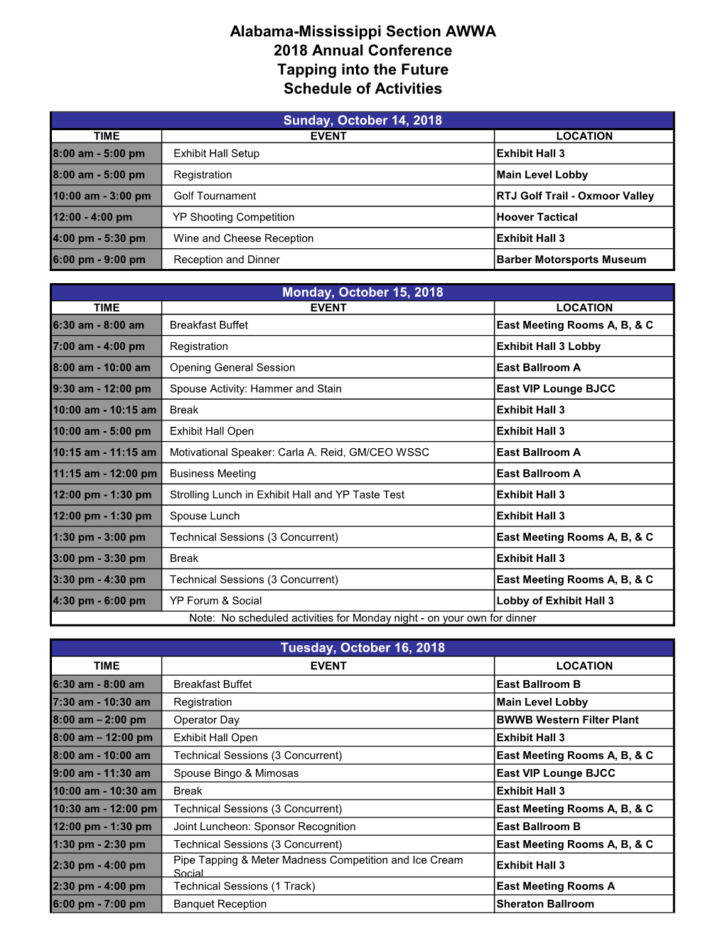 Alabama-Mississippi Section AWWA 2018 Annual Conference Tapping Into the Future Schedule of Activities