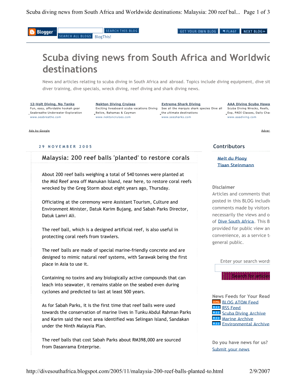 Scuba Diving News from South Africa and Worldwide Destinations: Malaysia: 200 Reef Bal