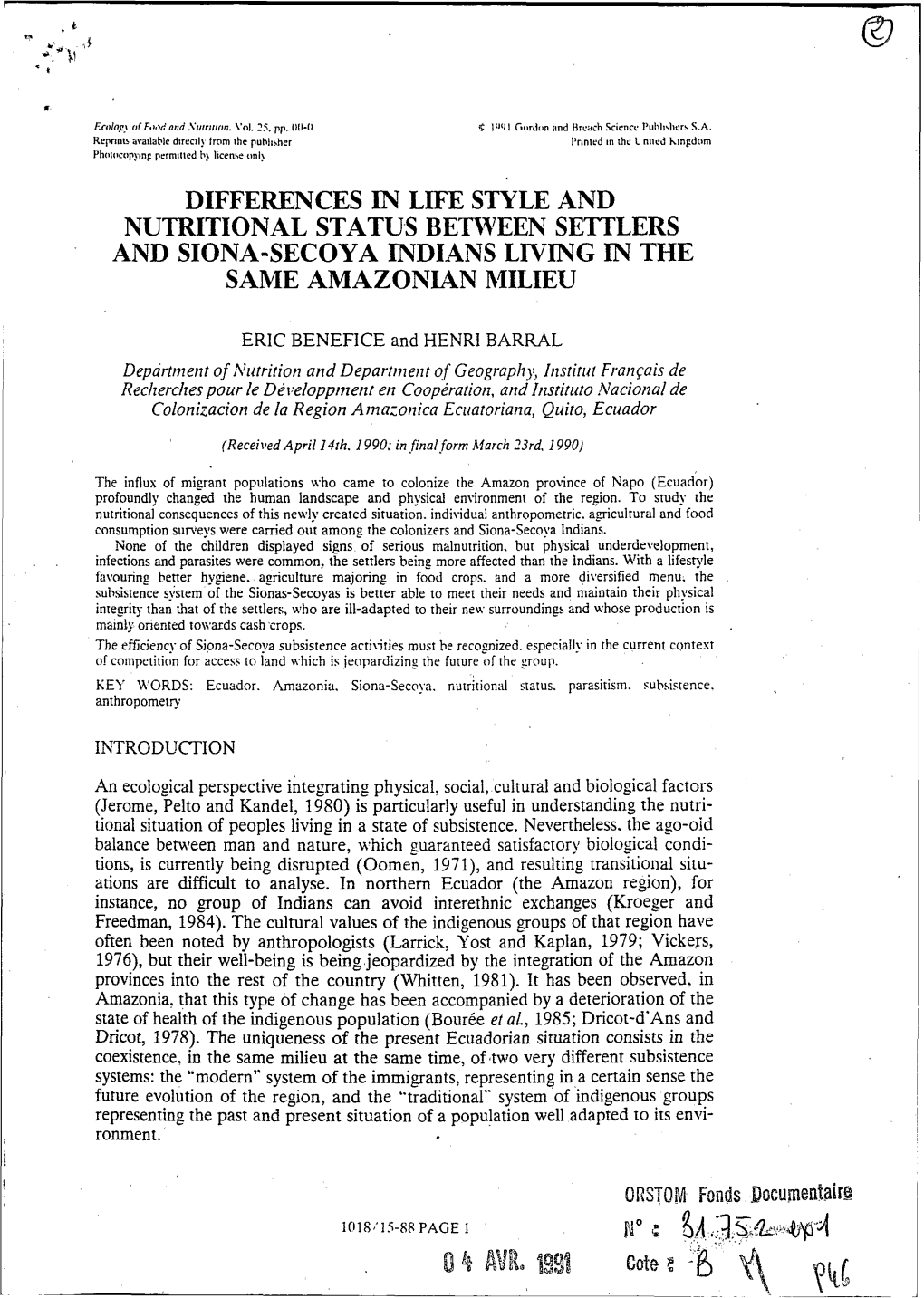 Differences in Life Style and Nutritional Status Between Settlers and Siona