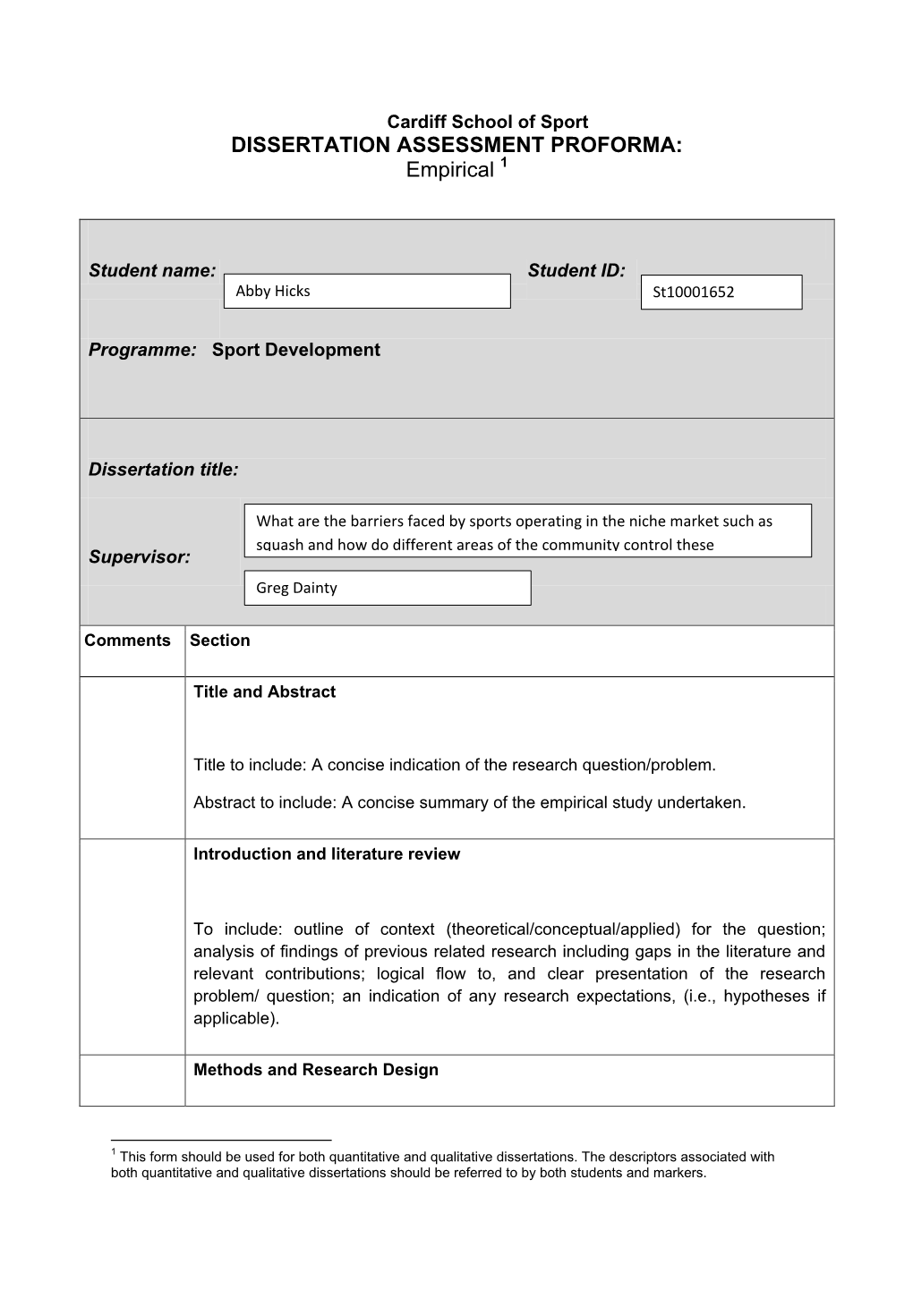 DISSERTATION ASSESSMENT PROFORMA: Empirical 1