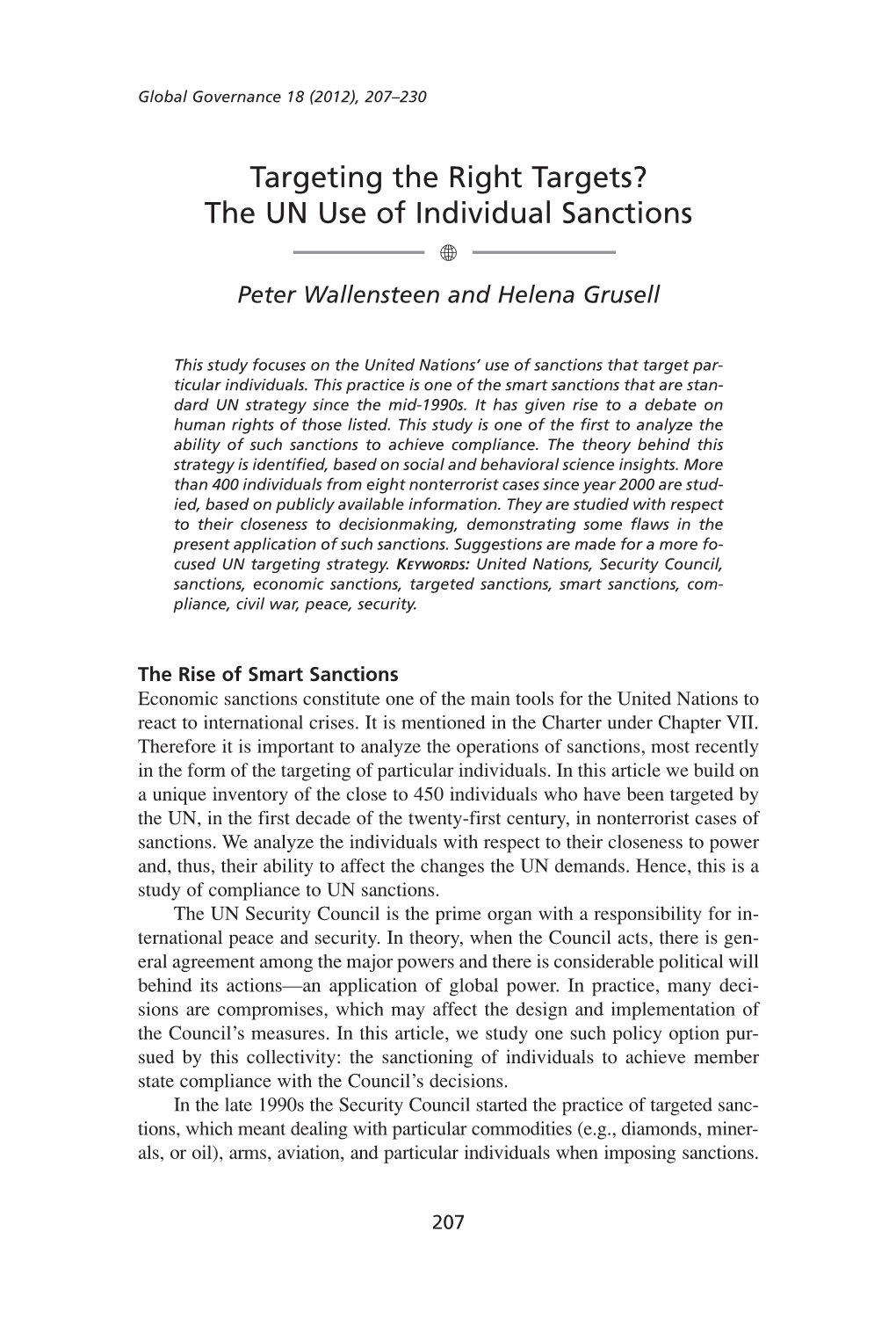 Targeting the Right Targets? the UN Use of Individual Sanctions  Peter Wallensteen and Helena Grusell