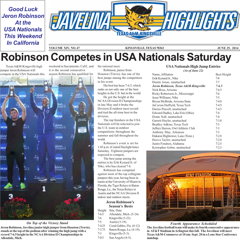 Robinson Competes in USA Nationals Saturday Texas A&M-Kingsville High Weekend in Sacramento, Calif., and the National Meet