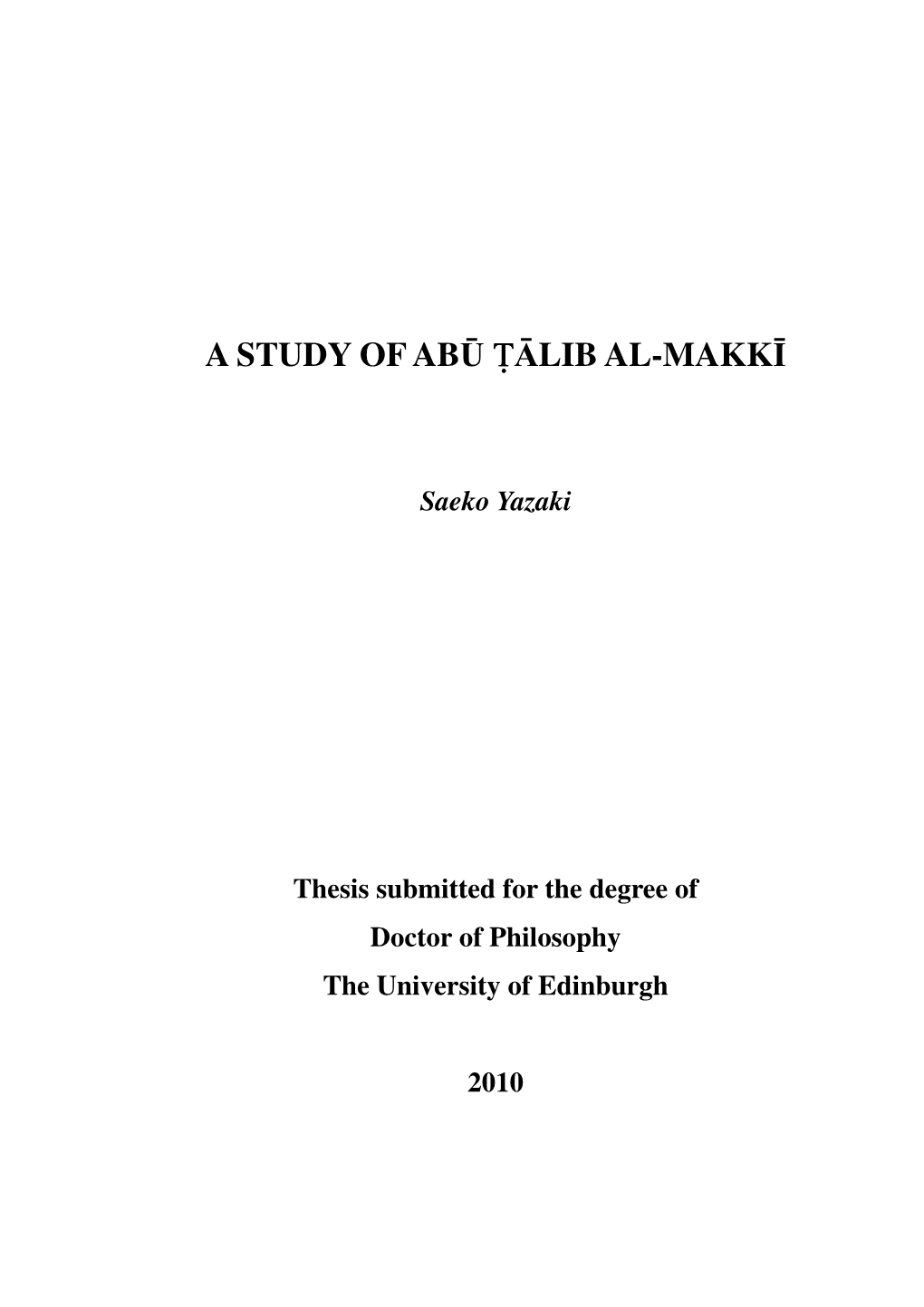 A Study of Abū ™Ālib Al-Makkī