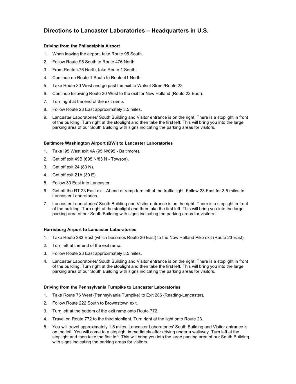 Directions to Lancaster Laboratories – Headquarters in U.S