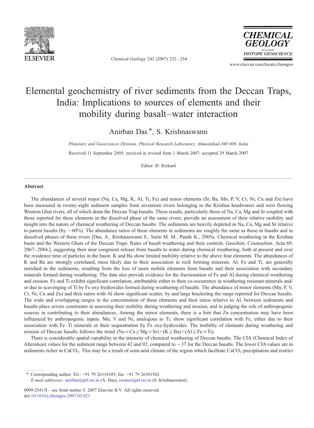 Elemental Geochemistry of River Sediments from the Deccan Traps