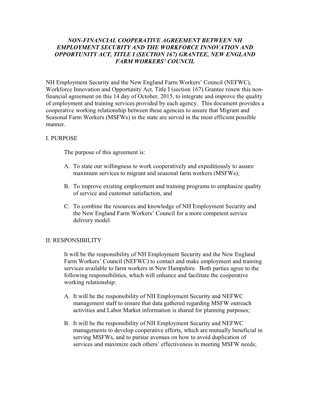 Non-Financial Cooperative Agreement Between Nh Works and the Workforce Investment Act