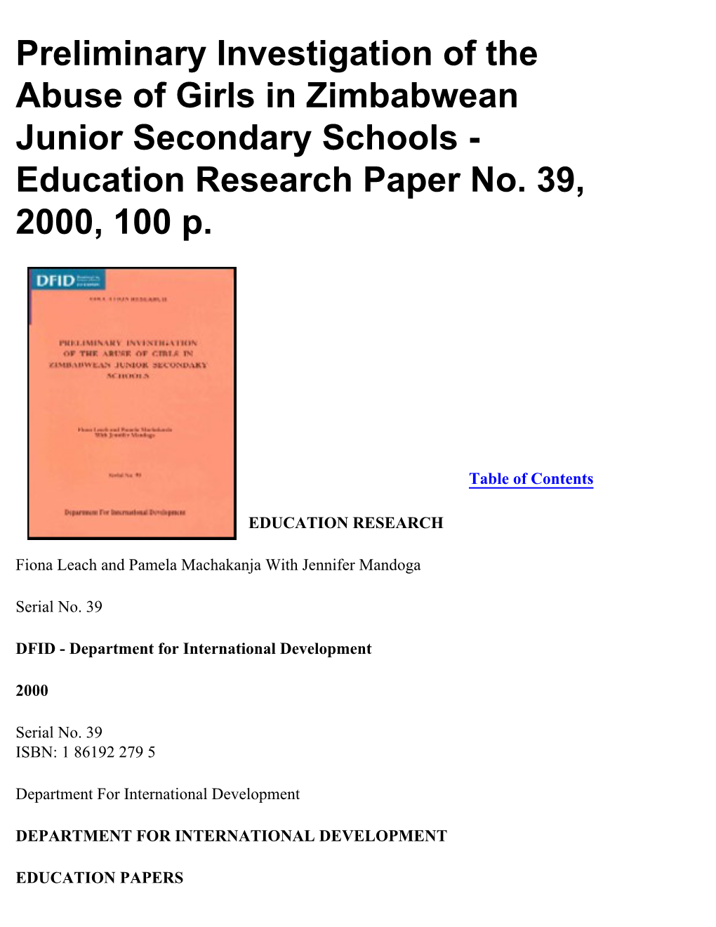 Preliminary Investigation of the Abuse of Girls in Zimbabwean Junior Secondary Schools - Education Research Paper No