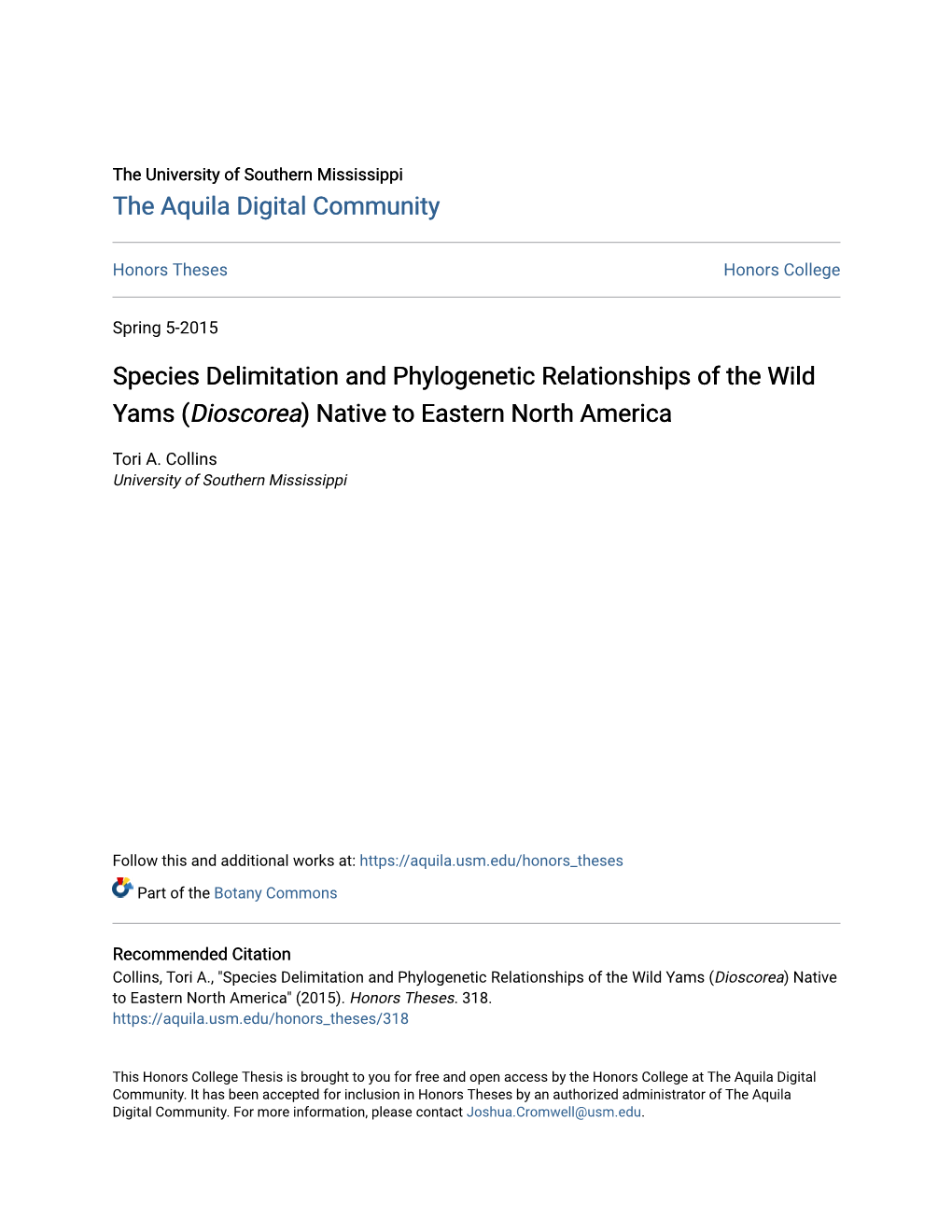 Species Delimitation and Phylogenetic Relationships of the Wild Yams (Dioscorea) Native to Eastern North America