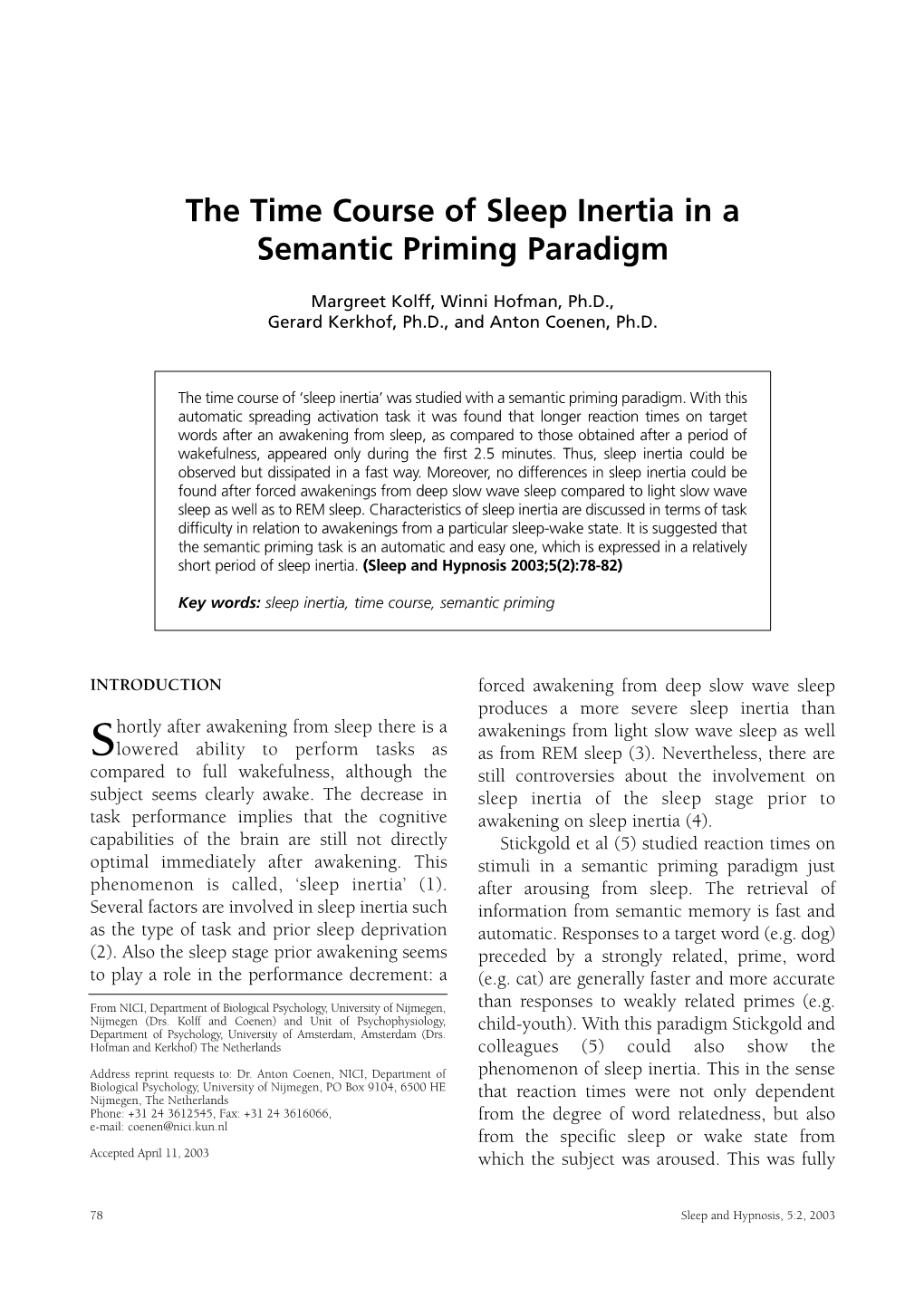 The Time Course of Sleep Inertia in a Semantic Priming Paradigm