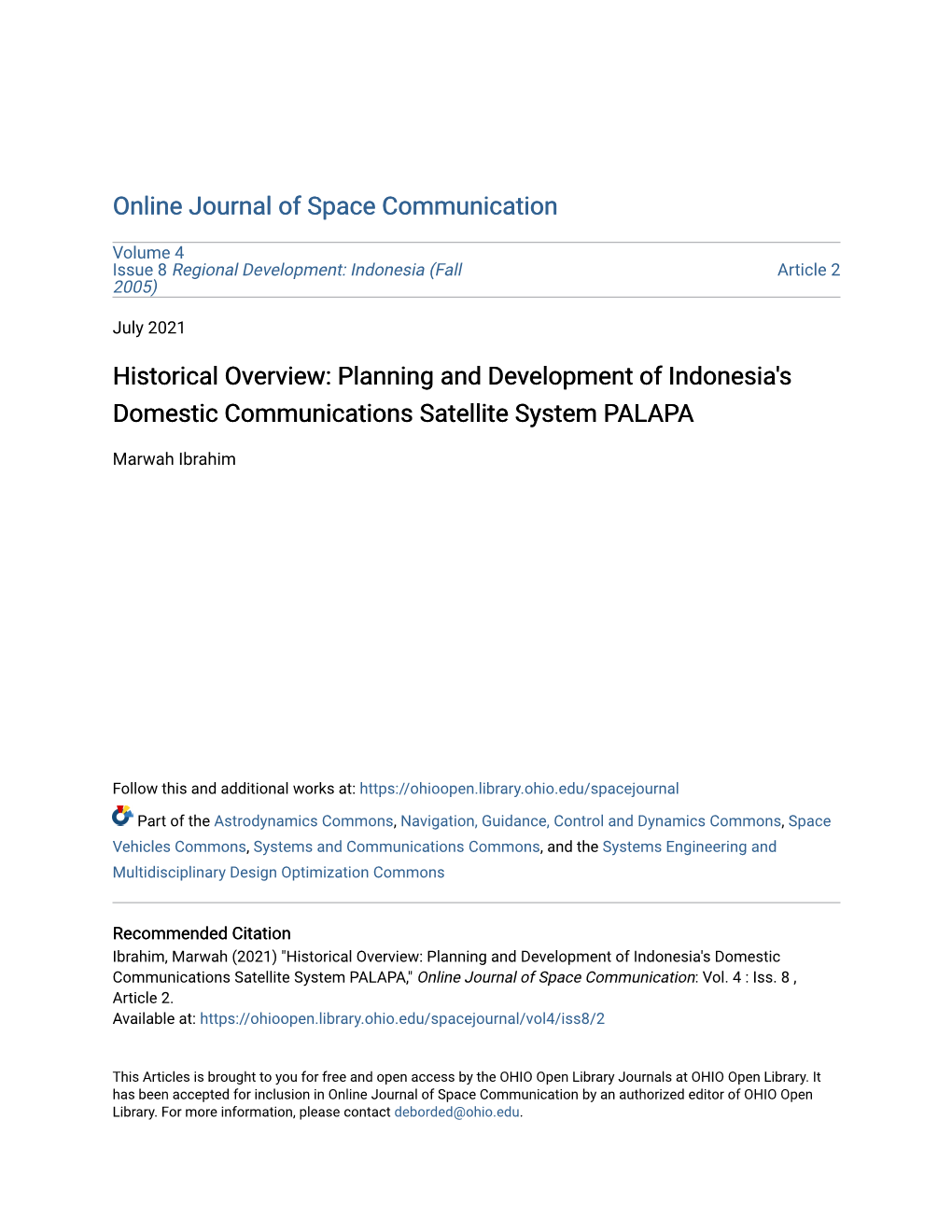 Planning and Development of Indonesia's Domestic Communications Satellite System PALAPA