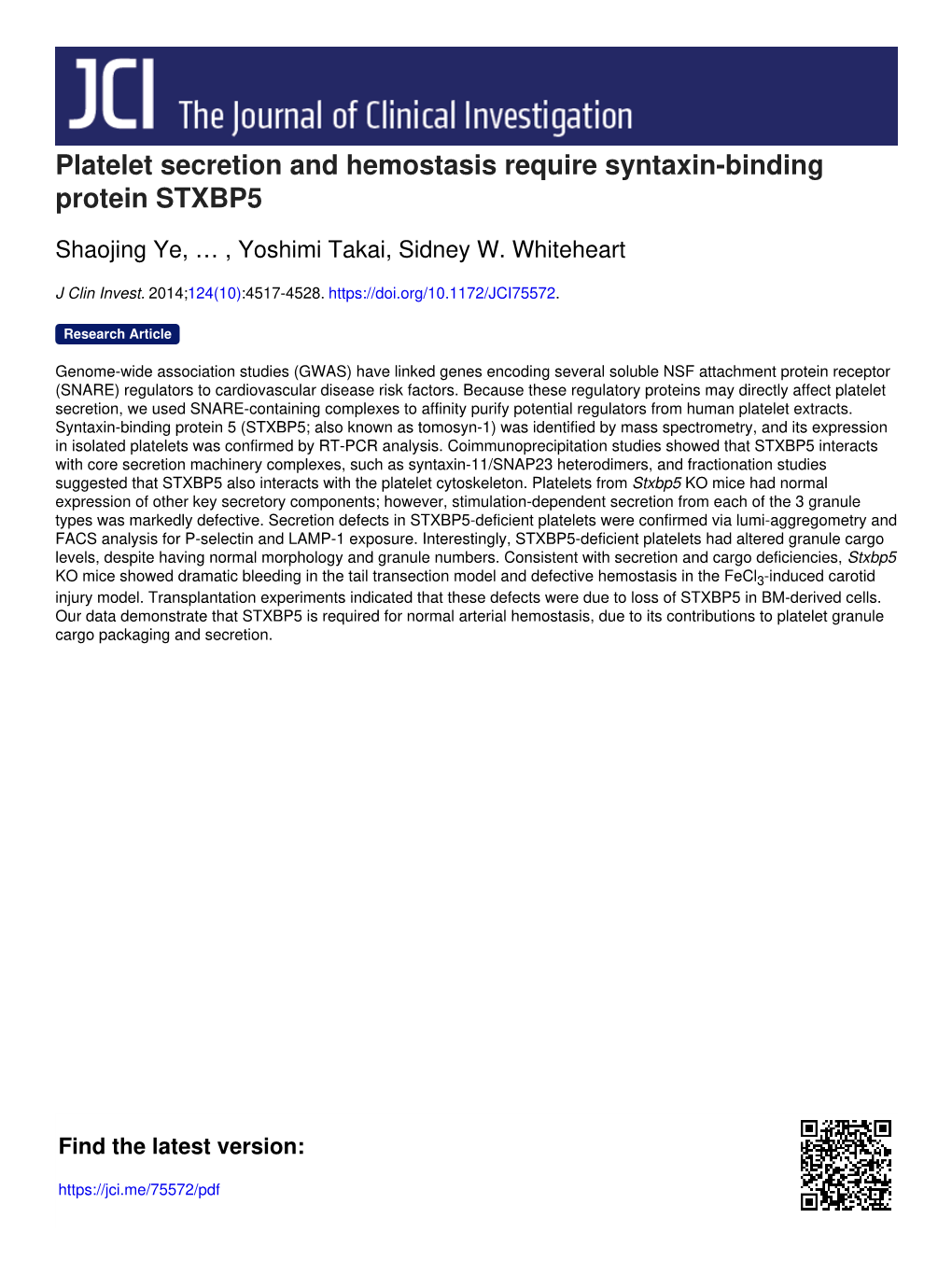 Platelet Secretion and Hemostasis Require Syntaxin-Binding Protein STXBP5