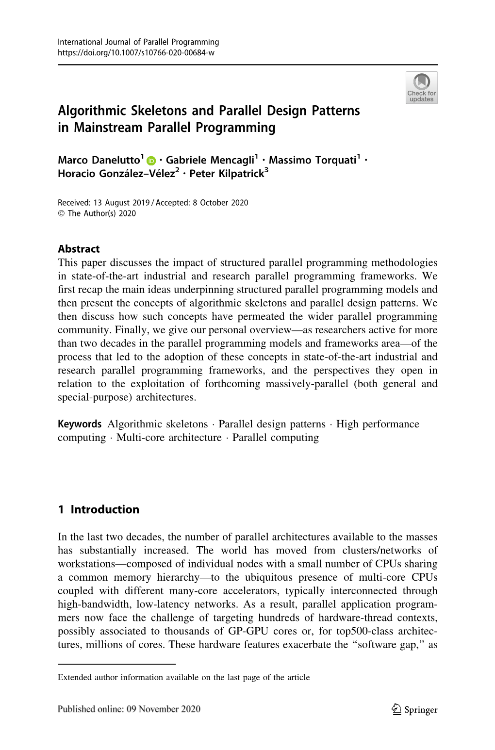 Algorithmic Skeletons and Parallel Design Patterns in Mainstream Parallel Programming