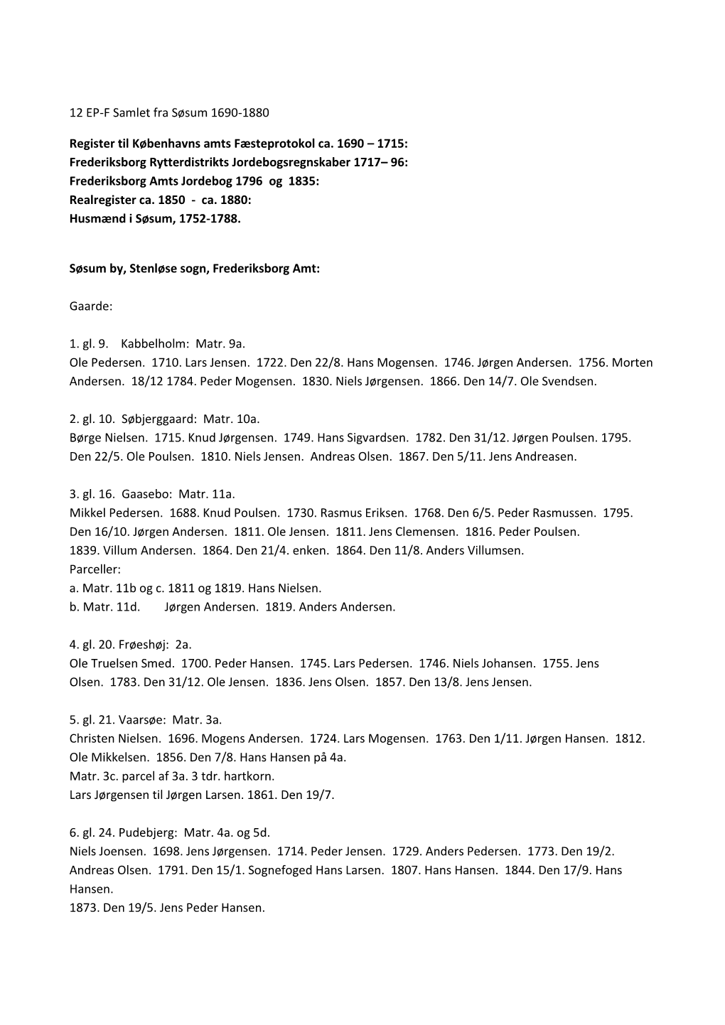 12 EP-F Samlet Fra Søsum 1690-1880 Register Til Københavns Amts Fæsteprotokol Ca. 1690 – 1715: Frederiksborg Rytterdistrikt