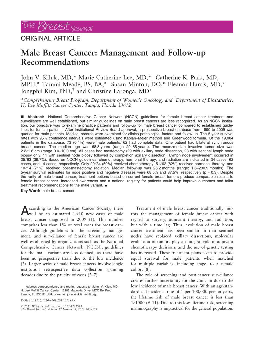 Male Breast Cancer: Management and Followup Recommendations