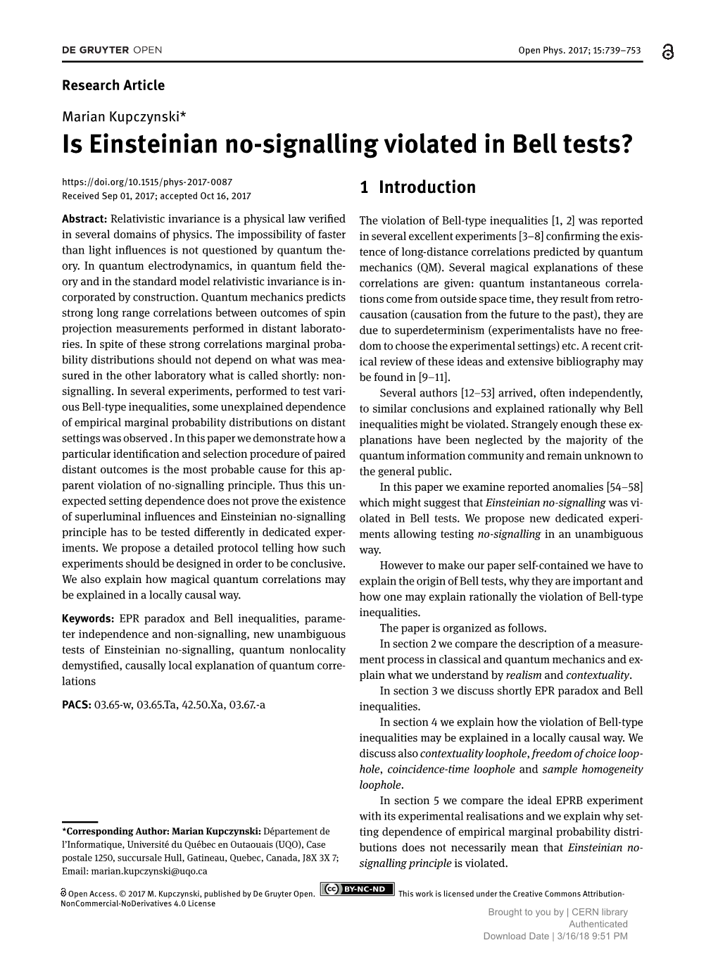 Is Einsteinian No-Signalling Violated in Bell Tests? Received Sep 01, 2017; Accepted Oct 16, 2017 1 Introduction