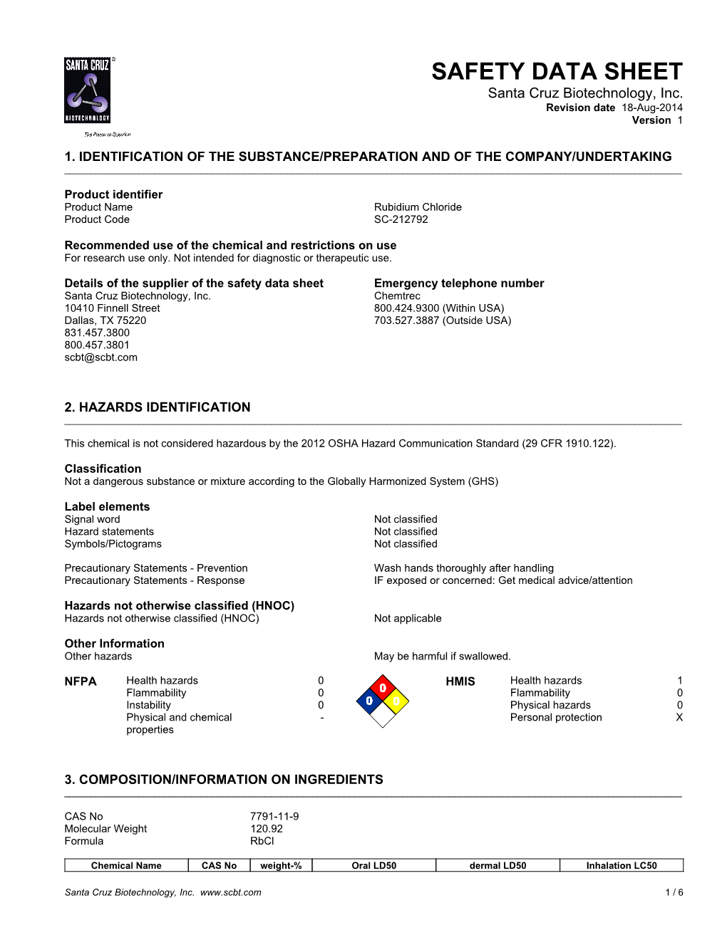 SAFETY DATA SHEET Santa Cruz Biotechnology, Inc