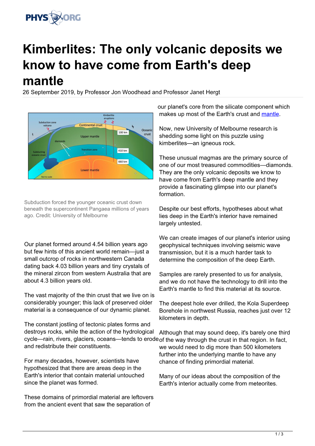 Kimberlites: the Only Volcanic Deposits We Know to Have Come from Earth's Deep Mantle 26 September 2019, by Professor Jon Woodhead and Professor Janet Hergt