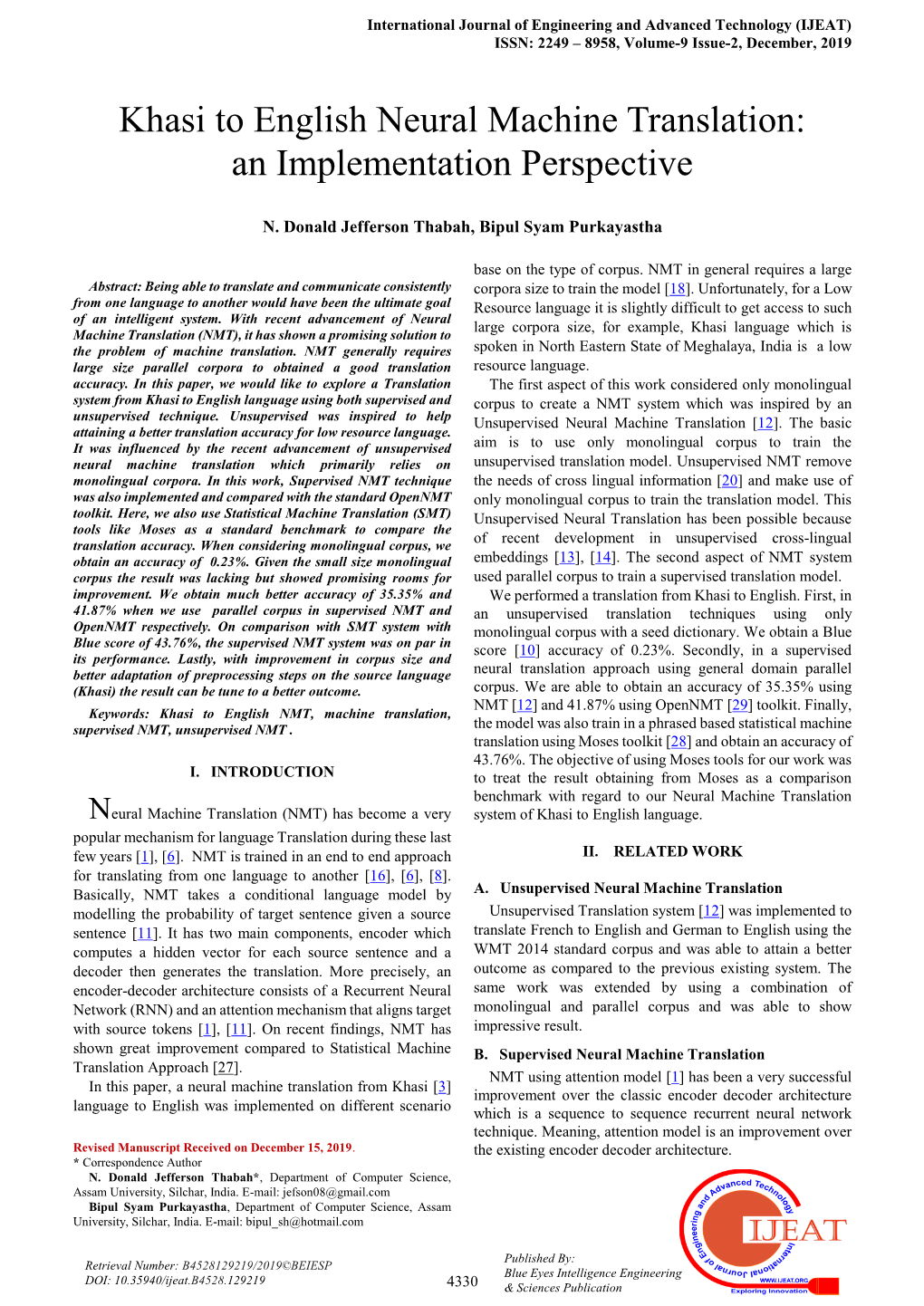 Khasi to English Neural Machine Translation: an Implementation Perspective