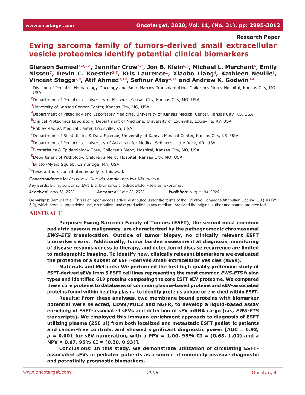 Ewing Sarcoma Family of Tumors-Derived Small Extracellular Vesicle Proteomics Identify Potential Clinical Biomarkers
