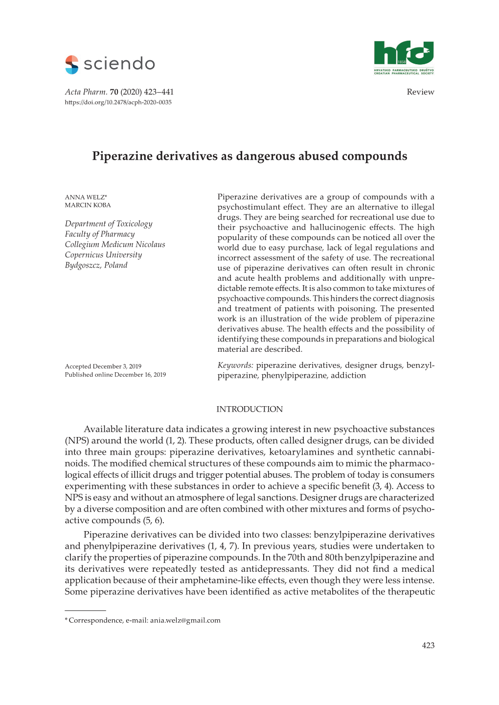 Piperazine Derivatives As Dangerous Abused Compounds