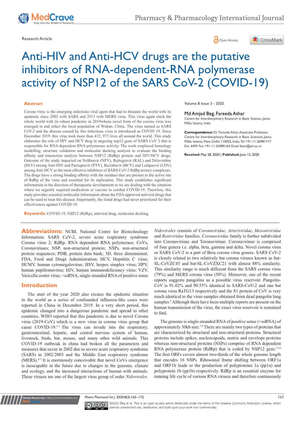 Anti-HIV and Anti-HCV Drugs Are the Putative Inhibitors of RNA-Dependent-RNA Polymerase Activity of NSP12 of the SARS Cov-2 (COVID-19)