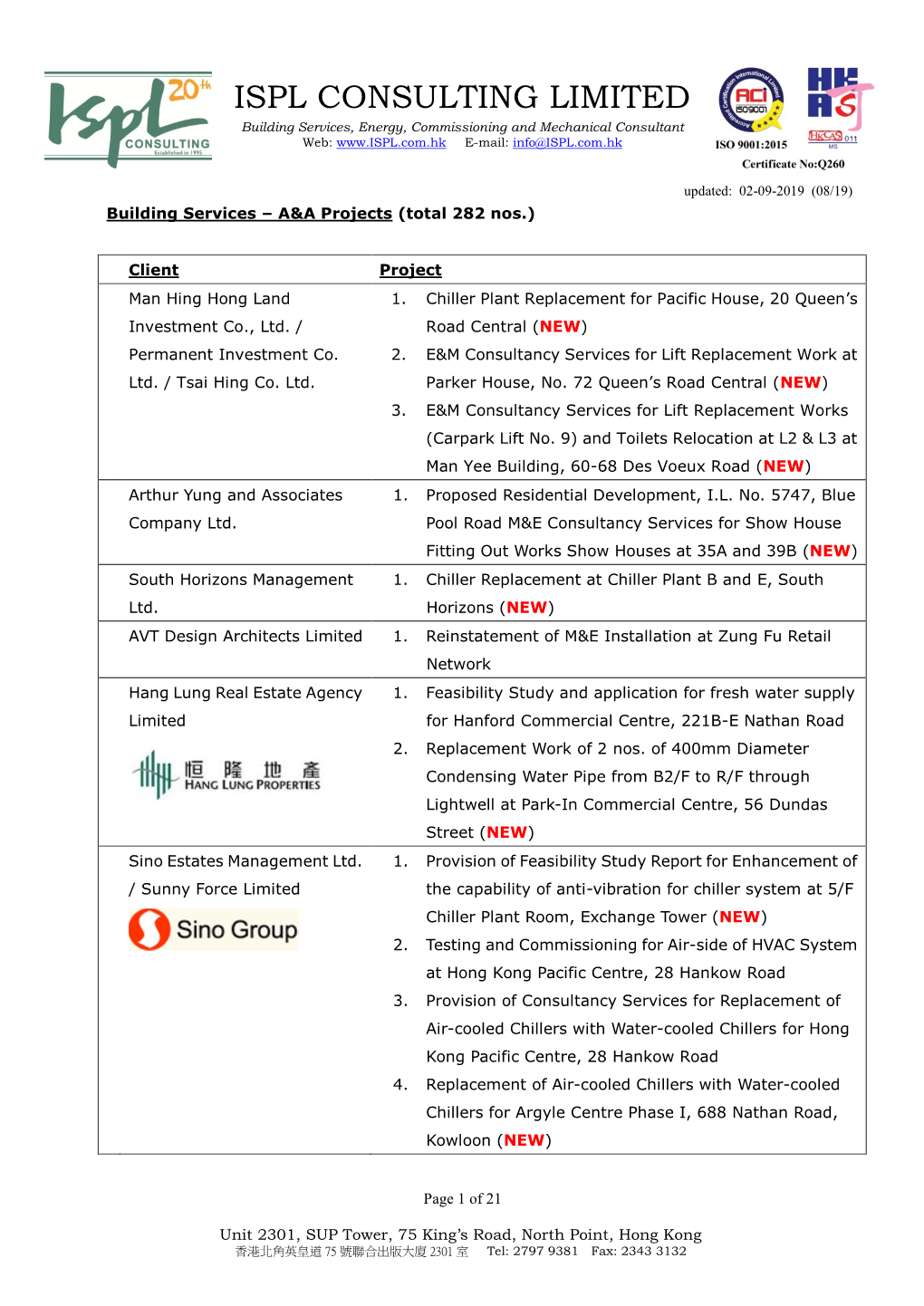 ISPL CONSULTING LIMITED Building Services, Energy, Commissioning and Mechanical Consultant Web: E-Mail: Info@ISPL.Com.Hk