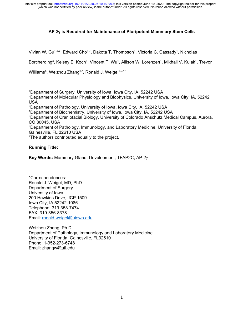 AP-2Γ Is Required for Maintenance of Pluripotent Mammary Stem Cells Vivian W. Gu1,2,7, Edward Cho1,7, Dakota T. Thompson1, Vict