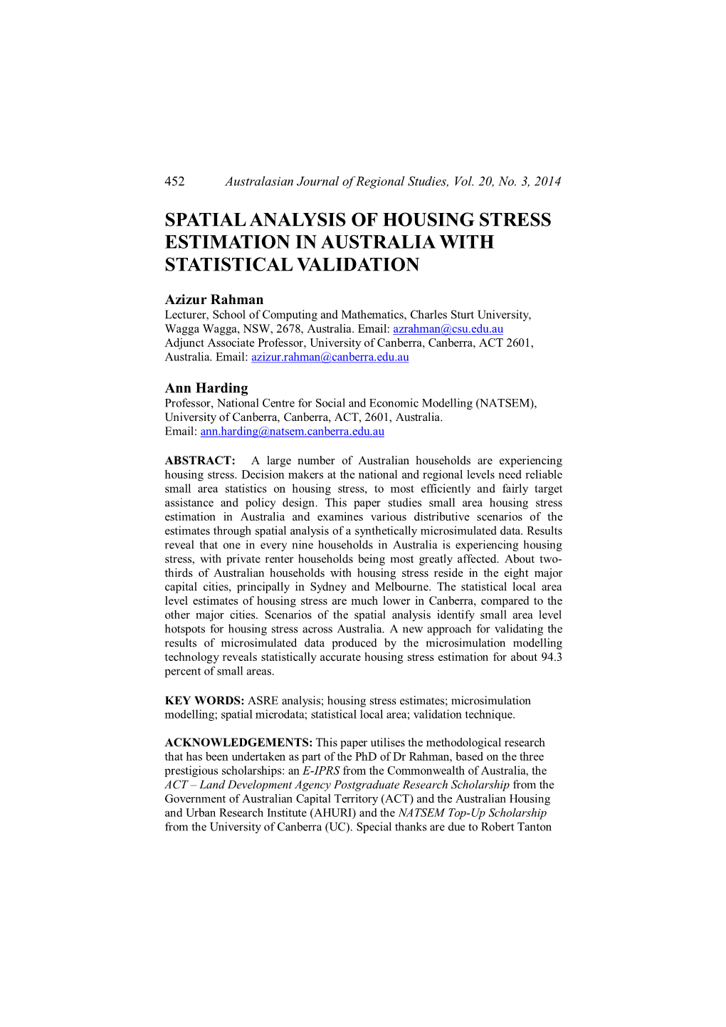 Spatial Analysis of Housing Stress Estimation in Australia with Statistical Validation