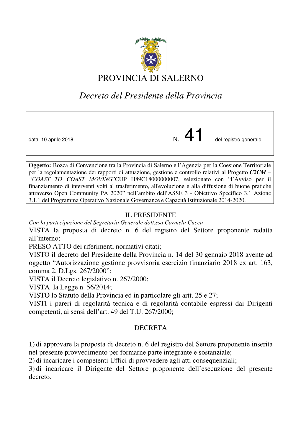 PROVINCIA DI SALERNO Decreto Del Presidente Della Provincia