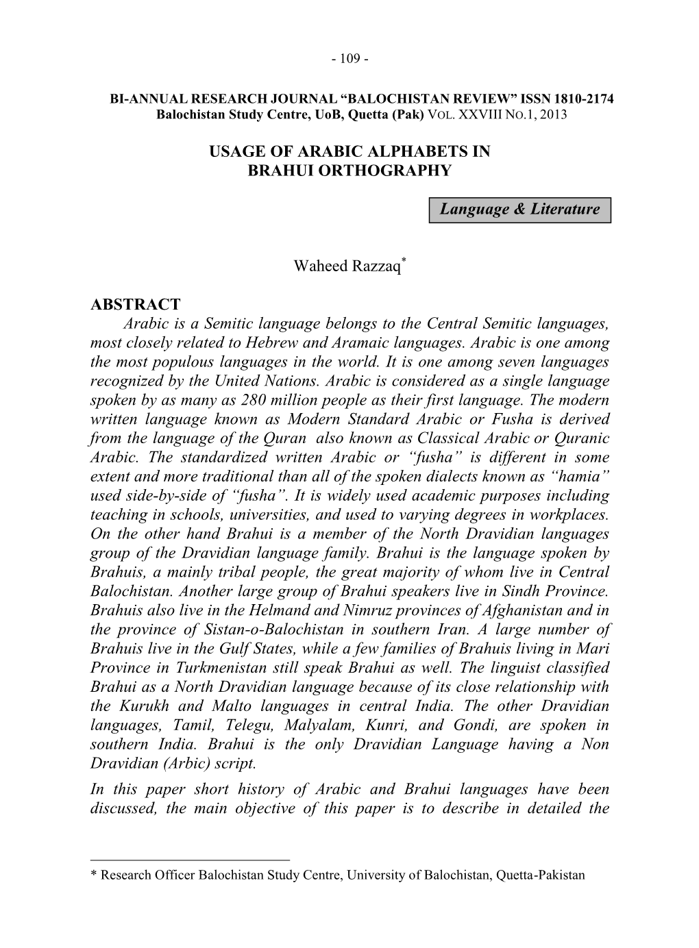 Usage of Arabic Alphabets in Brahui Orthography