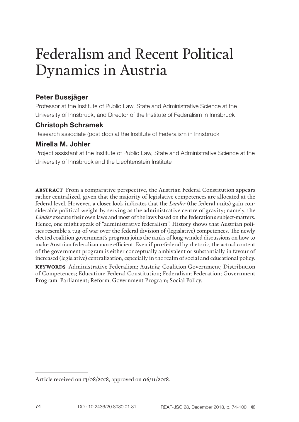 Federalism and Recent Political Dynamics in Austria