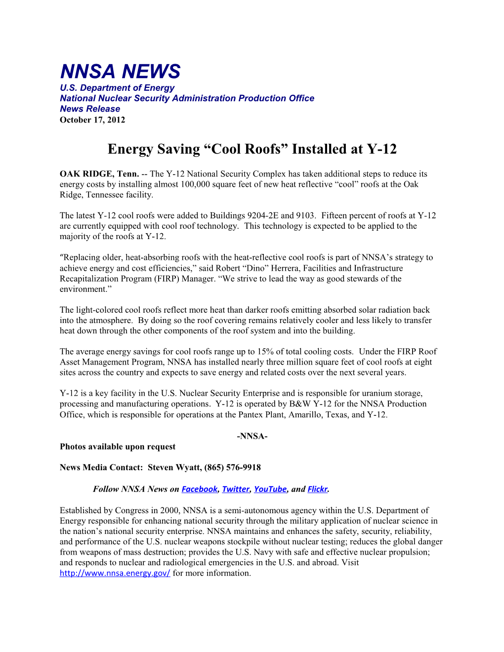 Energy Saving Cool Roofs Installed at Y-12