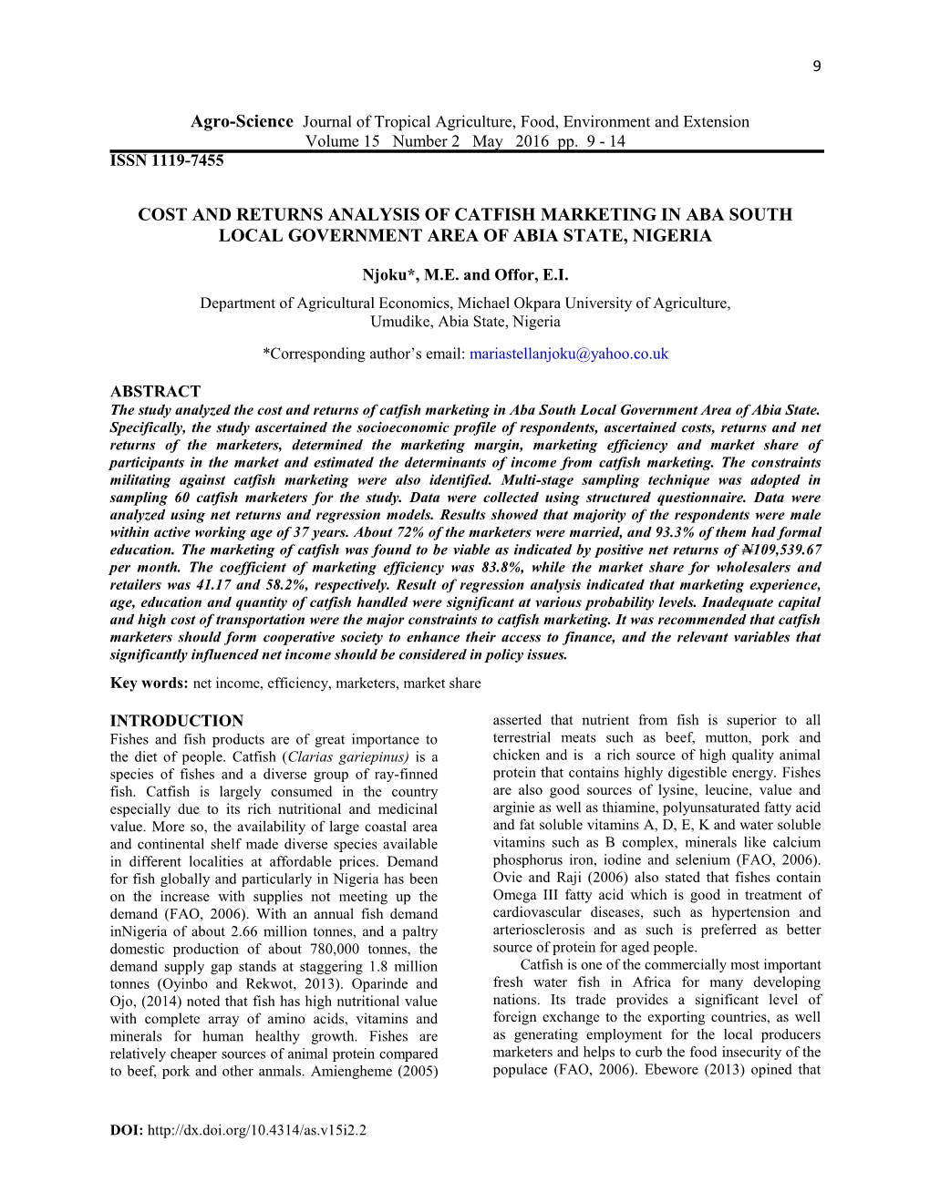 Cost and Returns Analysis of Catfish Marketing in Aba South Local Government Area of Abia State, Nigeria