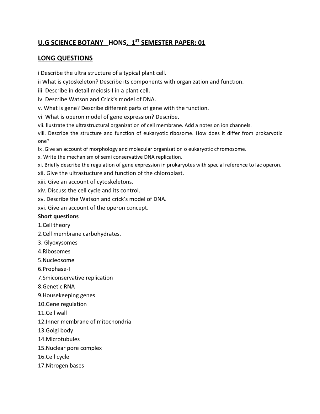 U.G Science Botany Hons. 1St Semester Paper: 01