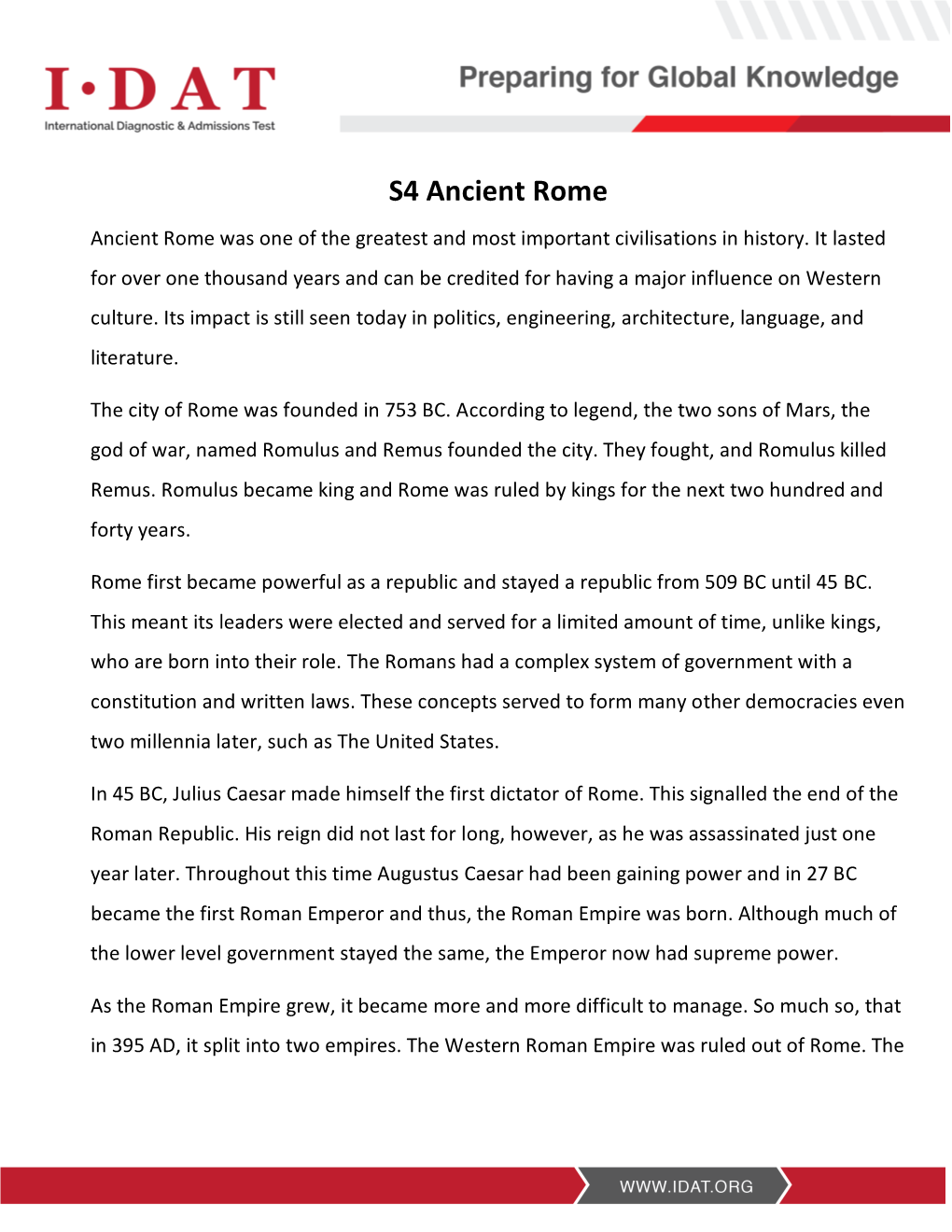 S4 Ancient Rome Ancient Rome Was One of the Greatest and Most Important Civilisations in History