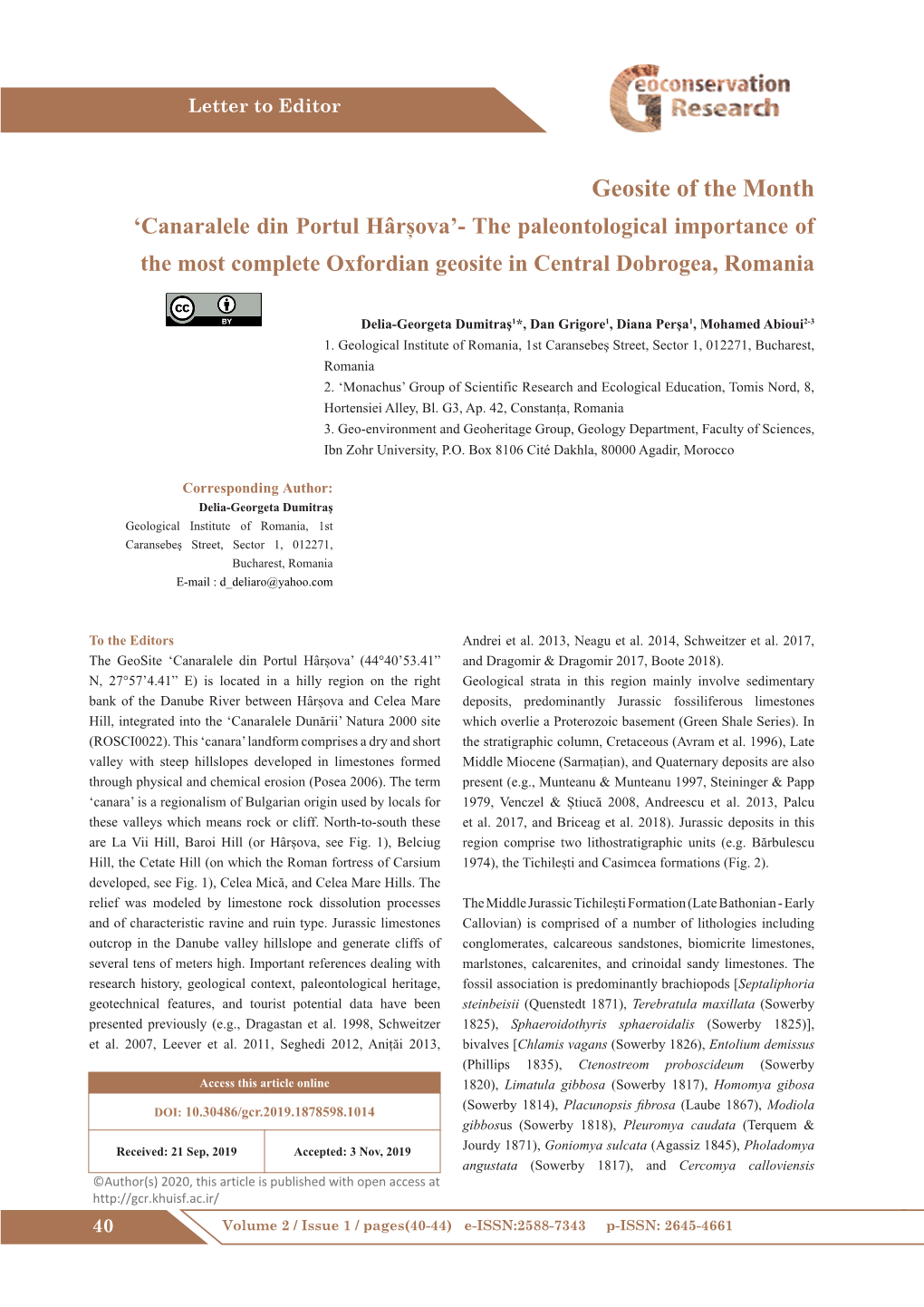 Geosite of the Month ‘Canaralele Din Portul Hârșova’- the Paleontological Importance of the Most Complete Oxfordian Geosite in Central Dobrogea, Romania