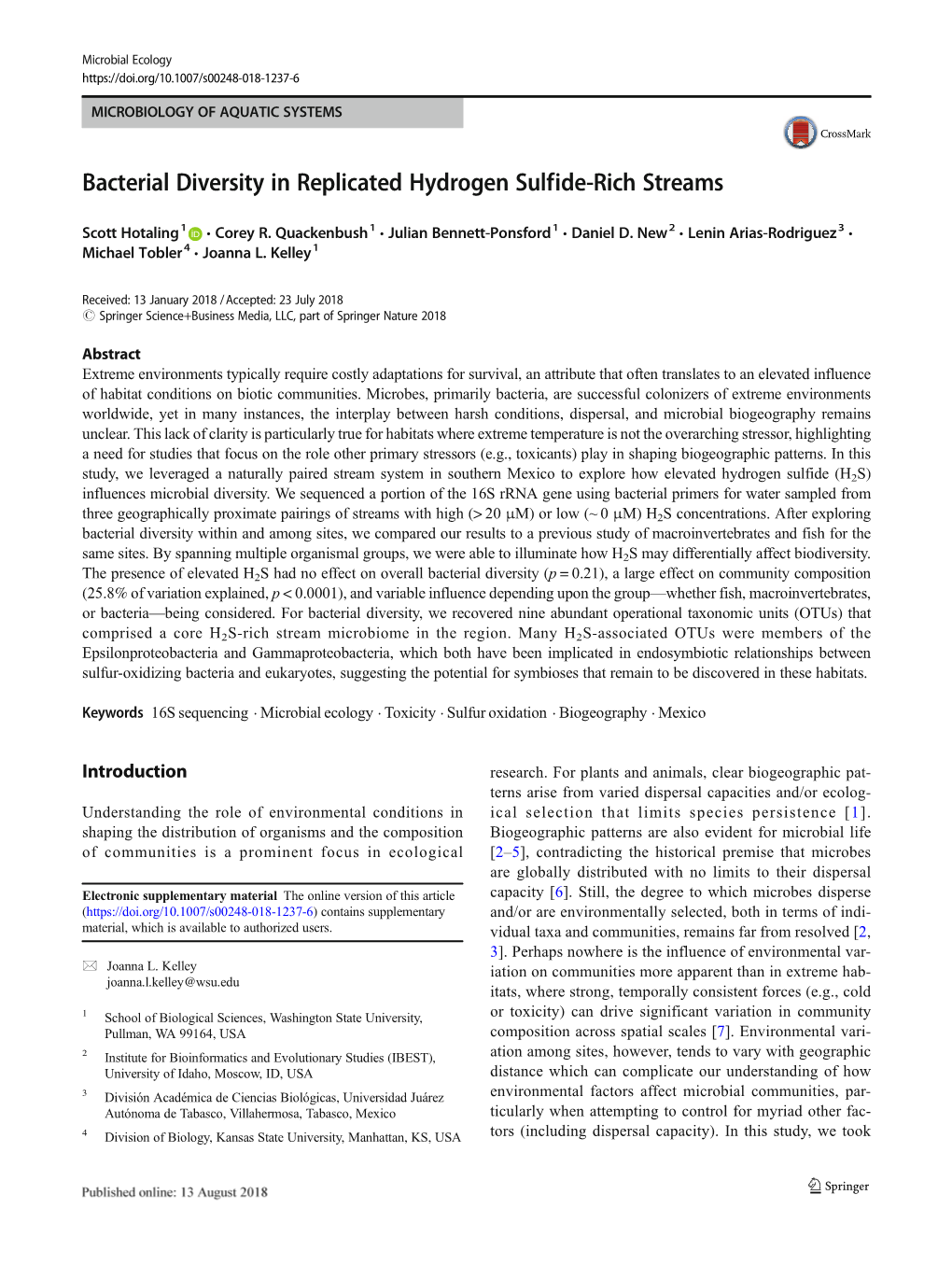 Bacterial Diversity in Replicated Hydrogen Sulfide-Rich Streams