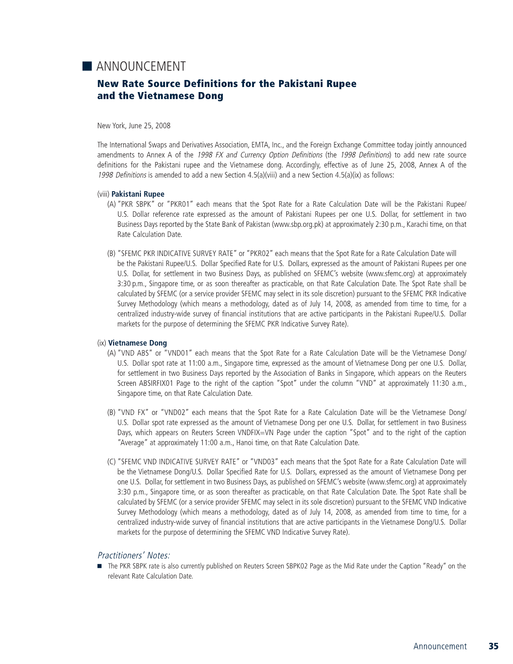 Announcement of New Rate Source Definitions for the Pakistani Rupee