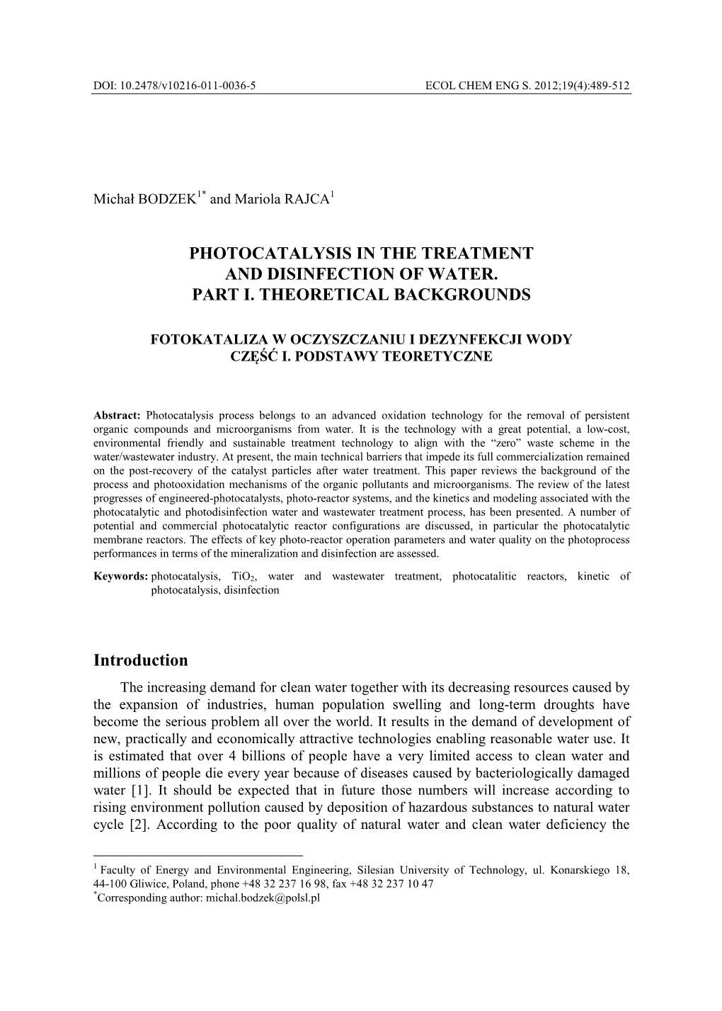 Photocatalysis in the Treatment and Disinfection of Water