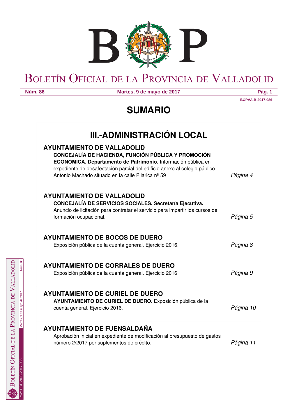 Sumario Boletín Oficial De La Provincia De Valladolid