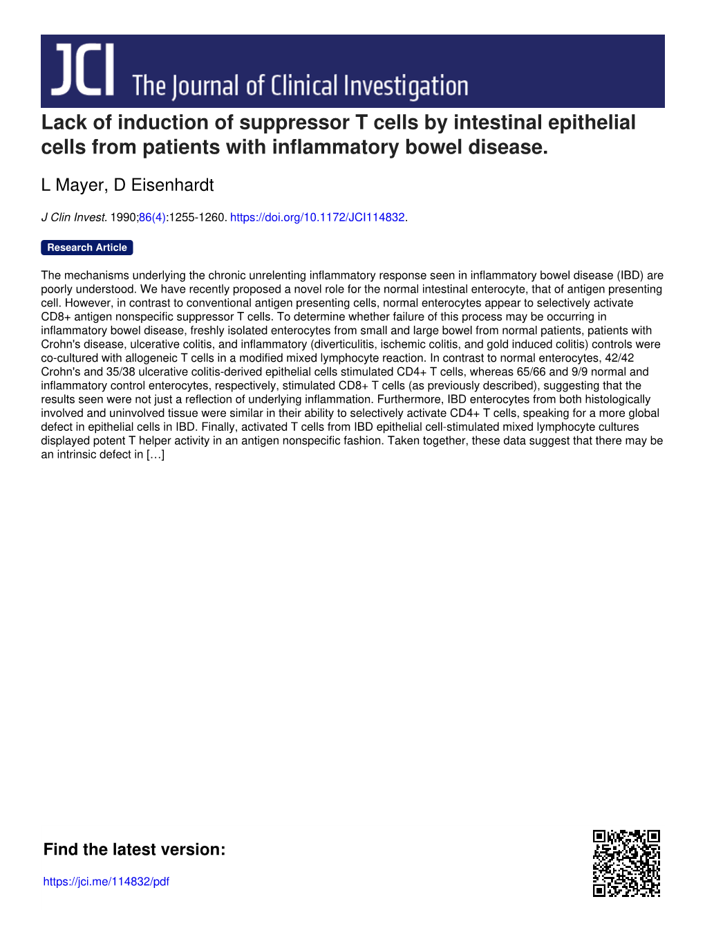 Lack of Induction of Suppressor T Cells by Intestinal Epithelial Cells from Patients with Inflammatory Bowel Disease