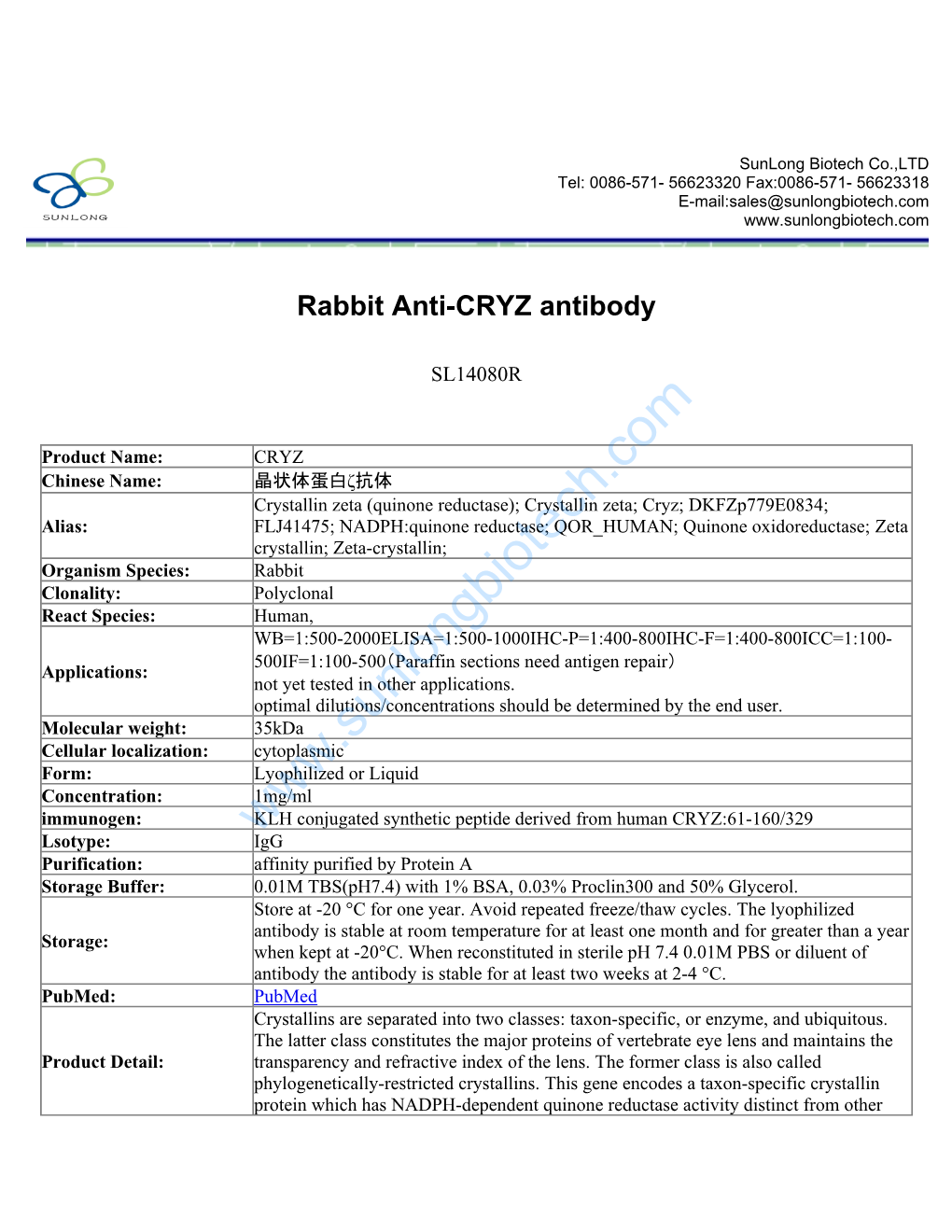 Rabbit Anti-CRYZ Antibody-SL14080R