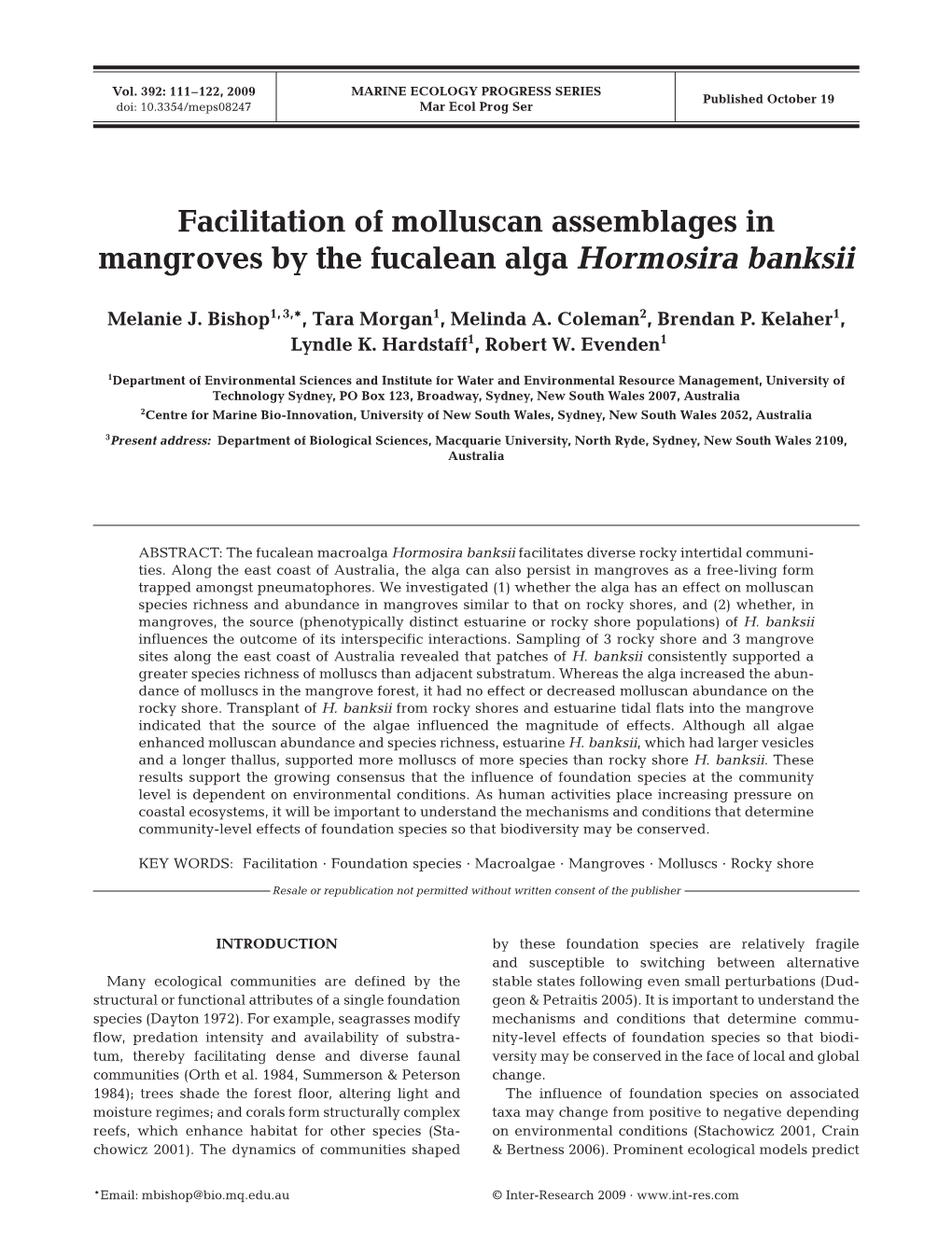 Facilitation of Molluscan Assemblages in Mangroves by the Fucalean Alga Hormosira Banksii