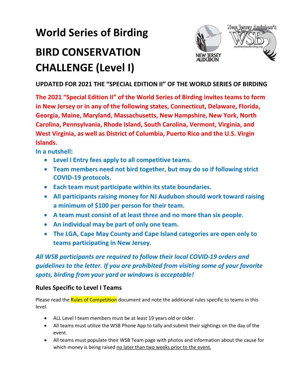 World Series of Birding BIRD CONSERVATION CHALLENGE (Level I)