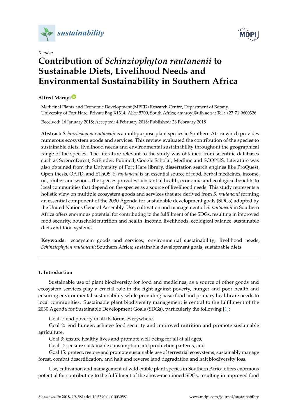 Contribution of Schinziophyton Rautanenii to Sustainable Diets, Livelihood Needs and Environmental Sustainability in Southern Africa